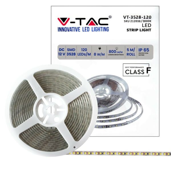 V-TAC Strip LED SMD 8W/m 5m 120 LED/m 12V 3000K IP65 9.2mm