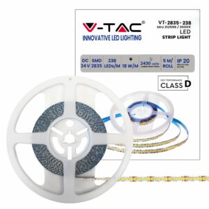 V-TAC Strip LED SMD2835 18W/m 5m 238 LED/m 135LM/W 24V 3000K IP20 10mm