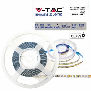 V-TAC Strip LED SMD2835 8W/m 5m 120 LED/m 137LM/W 24V 3000K IP20 10mm