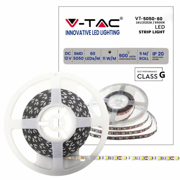 V-TAC Strip LED SMD5050 11W/m 5m 60 LED/m 12V 6500K IP20 10mm