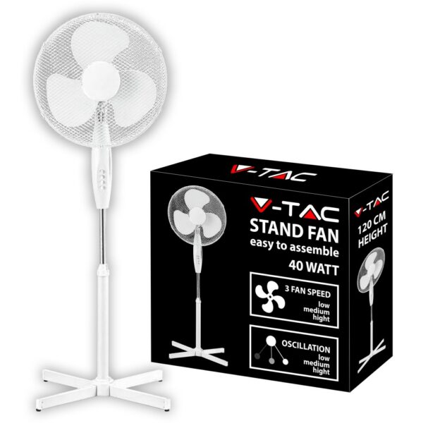 V-TAC Ventilatore con Base a Croce 40W Altezza Regolabile (Max 120cm) 3 Pale a 3 Velocità Rotante Colore Bianco