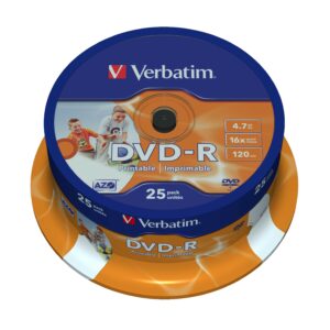 Verbatim Dvd-R 16X, 4,7Gb, 25 Pack Spindle, Wide Inkjet Printable, 21-118 Mm