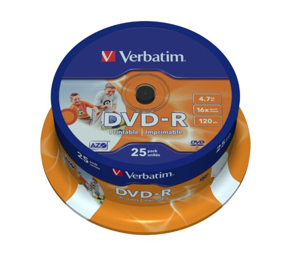 Verbatim Dvd-R 16X, 4,7Gb, 25 Pack Spindle, Wide Inkjet Printable, 21-118 Mm