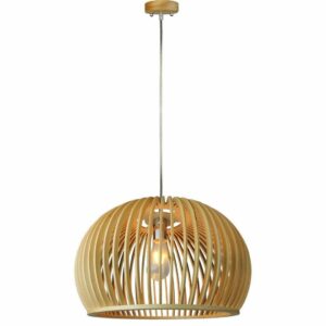 Wooden Pendant Light with Chrome Decorative Cap + Canopy + Lampshade Big Round D440*H280mm