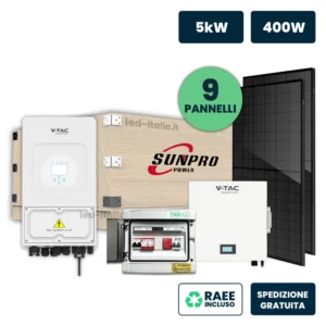 KIT Fotovoltaico Monofase 3kW, Inverter Ibrido, 9xSUNPRO 400W Full Black, Accumulo 5kWh, Quadro 1-1 AC-DC 3kW