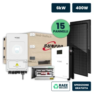 KIT Fotovoltaico Monofase 6kW, Inverter Ibrido, 15xSUNPRO 400W Full Black, Accumulo 10kWh, Quadro 2-2 AC-DC 6kW