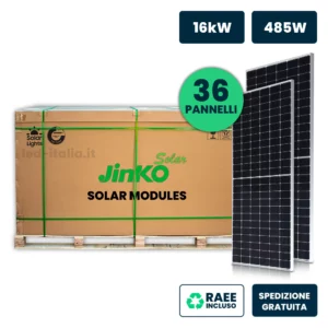 Bancale 16kW con 36 Moduli Fotovoltaici JINKO Solar TIER-1 da 445W Tiger Neo, Monocristallini N-Type TOPCon, Silver Frame 1762×1134×30mm IP67/IP68 (SKU 12264)