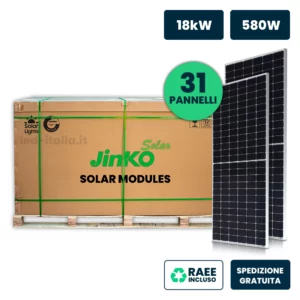 Bancale 18kW con 31 Moduli Fotovoltaici JINKO Solar TIER-1 da 580W Tiger Neo, Monocristallini N-Type TOPCon, Silver Frame 2278×1134×30mm IP67/IP68 (SKU 12263)