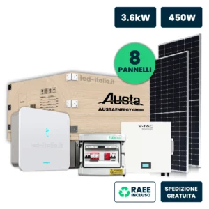 KIT Fotovoltaico Monofase 3.6kW con Inverter Ibrido, 8 Moduli AUSTA 450W Silver con Accumulo LFP 5kWh e Quadro Combinato 1-1 AC-DC 3kW