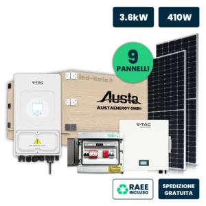 KIT Fotovoltaico Monofase 3.6kW con Inverter Ibrido, 9 Moduli AUSTA 410W Silver con Accumulo LFP 5kWh e Quadro Combinato 1-1 AC-DC 3kW