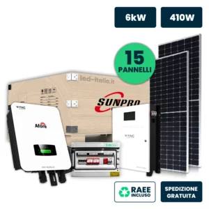 KIT Fotovoltaico Monofase 6kW con Inverter Ibrido, 15 Moduli AUSTA 410W Silver con Accumulo LFP 10kWh e Quadro Combinato 2-2 AC-DC 6kW