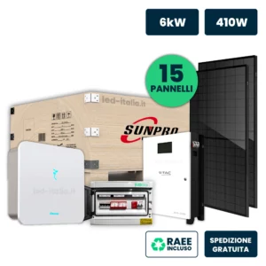 KIT Fotovoltaico Monofase 6kW con Inverter Ibrido, 15 Moduli SUNPRO TIER1 410W Full Black con Accumulo LFP 10kWh e Quadro Combinato 2-2 AC-DC 6kW