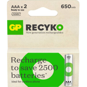 Recyko Batteria Ricaricabile 1,5V Mini Stilo AAA 650mAh (Confezione 2 Pezzi)