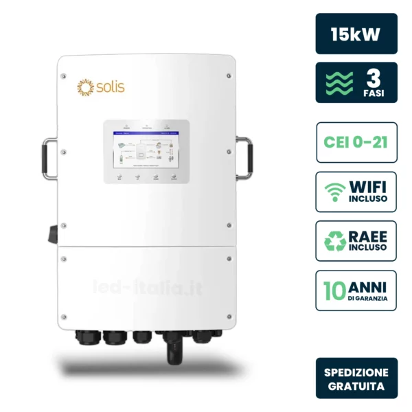 Inverter Fotovoltaico Solis Trifase Ibrido On-Grid/Off-Grid 15kW, Doppio MPPT, CEI 0-21, Schermo LCD, WiFi Meter e TA Inclusi, Garanzia 10 Anni IP66