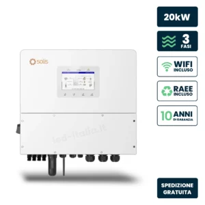 Inverter Fotovoltaico Solis Trifase Ibrido Alta Tensione On-Grid/Off-Grid 20kW CEI 0-21 con Schermo LCD a Colori, Meter e TA Inclusi Garanzia 10 Anni IP66