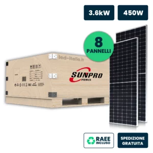 Set 3.6kW con 8 Moduli Fotovoltaici SUNPRO TIER1 da 450W Silver Frame 1910x1134x35mm