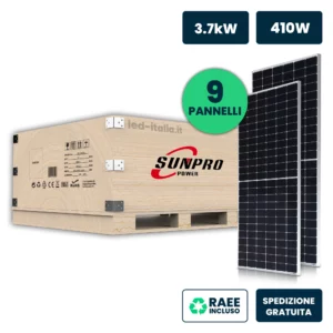 Set 3.7kW (3690W) con 9 Moduli Fotovoltaici SUNNPRO TIER-1 da 410W, Monocristallini Silver Frame 1722x1134x35mm IP67/IP68 (SKU 11899)