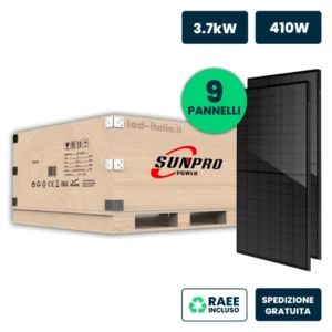 Set 3.7kW (3690W) con 9 Moduli Fotovoltaici SUNPRO TIER-1 da 410W Monocristallini Full Black 1724x1134x35mm IP67/IP68 (SKU 11912)