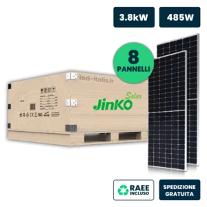 Set 3.8kW (3880W) con 8 Moduli Fotovoltaici JINKO Solar TIER-1 da 485W Tiger Neo, Monocristallini N-Type TOPCon, Silver Frame 1906x1134x30mm IP67/IP68 (SKU 12262)