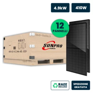 Set 4.9kW (4920W) con 12 Moduli Fotovoltaici SUNPRO TIER-1 da 410W Monocristallini Full Black 1724x1134x35mm IP67/IP68 (SKU 11912)