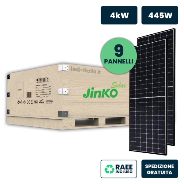 Set 4kW con 9 Pannelli Solari Fotovoltaici Moduli 445W JINKO Solar TIER-1 Tiger Neo, Monocristallini N-Type TOPCon, Black Frame IP67/IP68 1762x1134x30mm