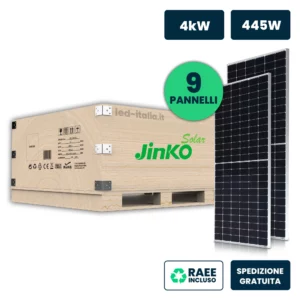 Set 4kW (4005W) con 9 Moduli Fotovoltaici JINKO Solar TIER-1 da 445W Tiger Neo, Monocristallini N-Type TOPCon, Silver Frame 1762×1134×30mm IP67/IP68 (SKU 12264)