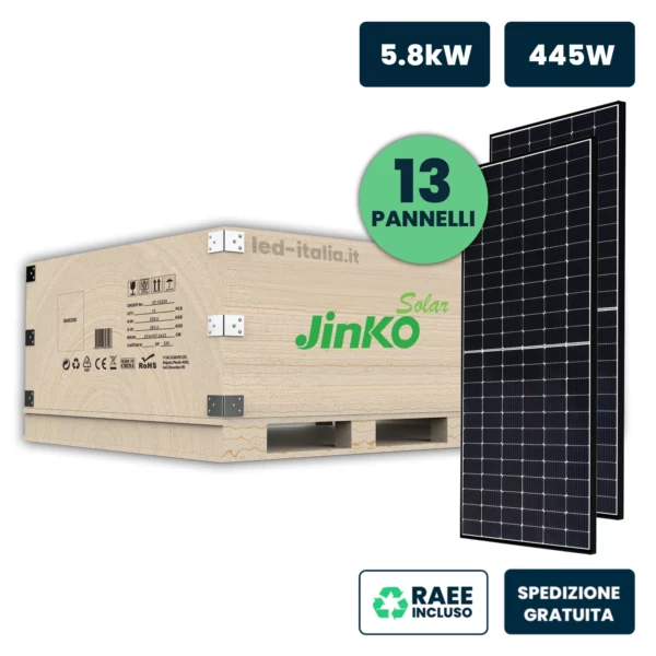 Set 5.8kW con 13 Pannelli Solari Fotovoltaici Moduli 445W JINKO Solar TIER-1 Tiger Neo, Monocristallini N-Type TOPCon, Black Frame IP67/IP68 1762x1134x30mm