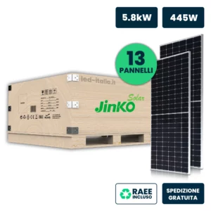 Set 5.8kW (5785W) con 13 Moduli Fotovoltaici JINKO Solar TIER-1 da 445W Tiger Neo, Monocristallini N-Type TOPCon, Silver Frame 1762×1134×30mm IP67/IP68 (SKU 12264)