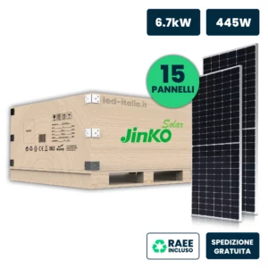 Set 6.7kW (6750W) con 15 Moduli Fotovoltaici JINKO Solar TIER-1 da 445W Tiger Neo, Monocristallini N-Type TOPCon, Silver Frame 1762×1134×30mm IP67/IP68 (SKU 12264)