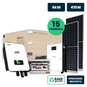 KIT Fotovoltaico Monofase 6kW con Inverter Ibrido, 15 Moduli AUSTA 410W (6.15kW) Silver Frame con Accumulo LFP 10kWh e Quadro Combinato 2-2 AC-DC 6kW