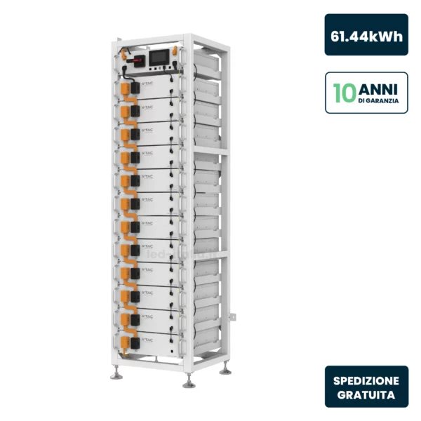 Kit Rack Moduli di Accumulo Alta Tensione 61.44kWh LiFePO4 51.2V 100Ah con HV Box BMS, Cavi, Armadio, Garanzia 10 Anni