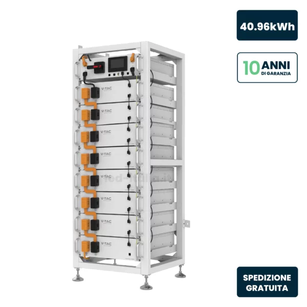 Kit Rack Moduli di Accumulo Deye Alta Tensione 40.96kWh LiFePO4 51.2V 100Ah con HV Box BMS, Cavi, Armadio, CEI 0-16 CEI 0-21 Garanzia 10 Anni