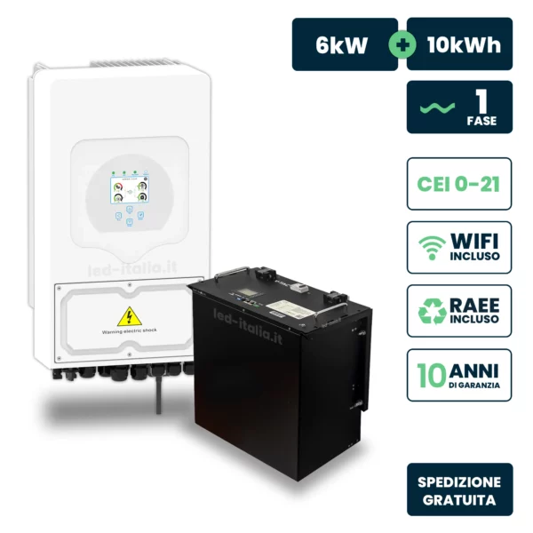 KIT Fotovoltaico Monofase 6kW con Inverter Ibrido e Accumulo LiFePO4 10kWh (11523 + 11529)