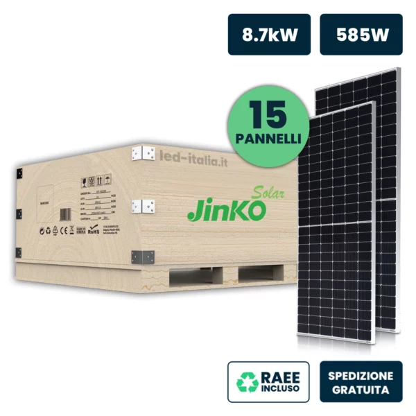 Set 8.7kW con 15 Pannelli Solari Fotovoltaici Moduli 585W JINKO Solar TIER-1 Tiger Neo, Monocristallini N-Type TOPCon, Silver Frame IP67/IP68 2278x1134x30mm