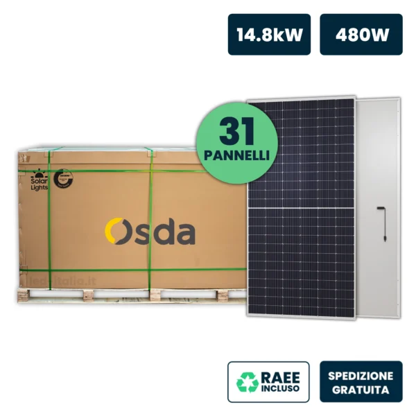 Bancale 14kW con 31 Pannelli Solari Fotovoltaici Moduli 480W OSDA Solar TIER-1, Monocristallini N-Type TOPCon, Silver Frame IP67/IP68 1903x1134x35mm