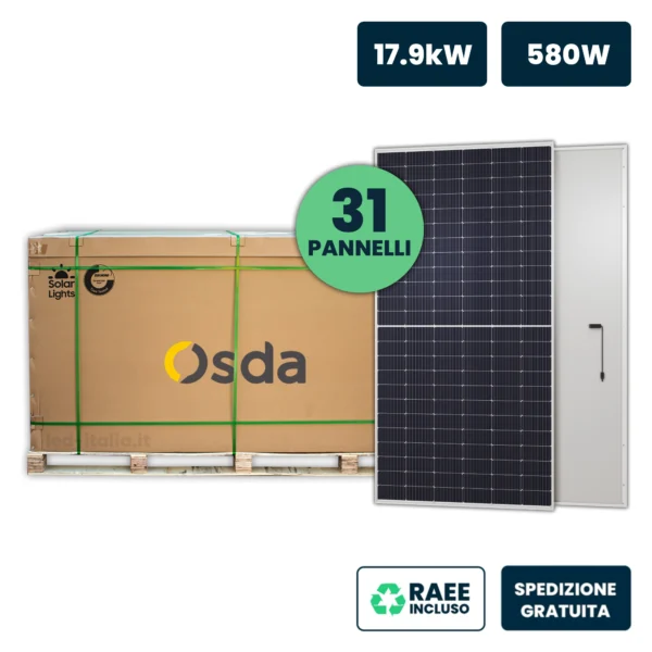 Bancale 18kW con 31 Pannelli Solari Fotovoltaici Moduli 580W OSDA Solar TIER-1, Monocristallini N-Type TOPCon, Silver Frame IP67/IP68 2278x1134x35mm