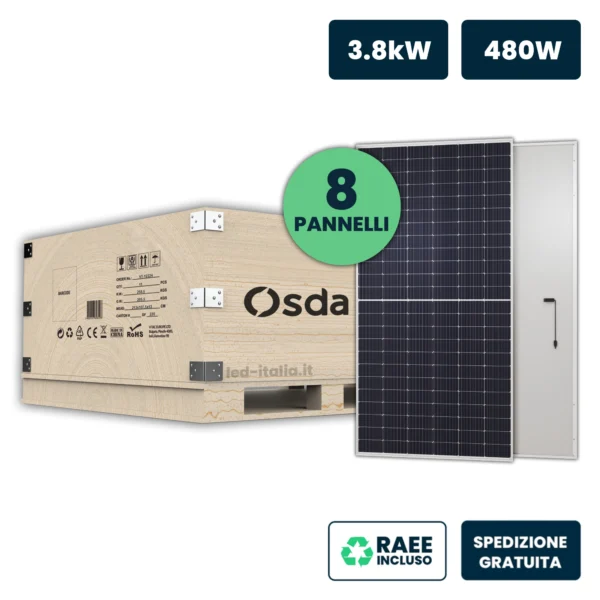 Set 3.8kW con 8 Pannelli Solari Fotovoltaici Moduli 480W OSDA Solar TIER-1, Monocristallino N-Type TOPCon, Silver Frame IP67/IP68 1903x1134x35mm